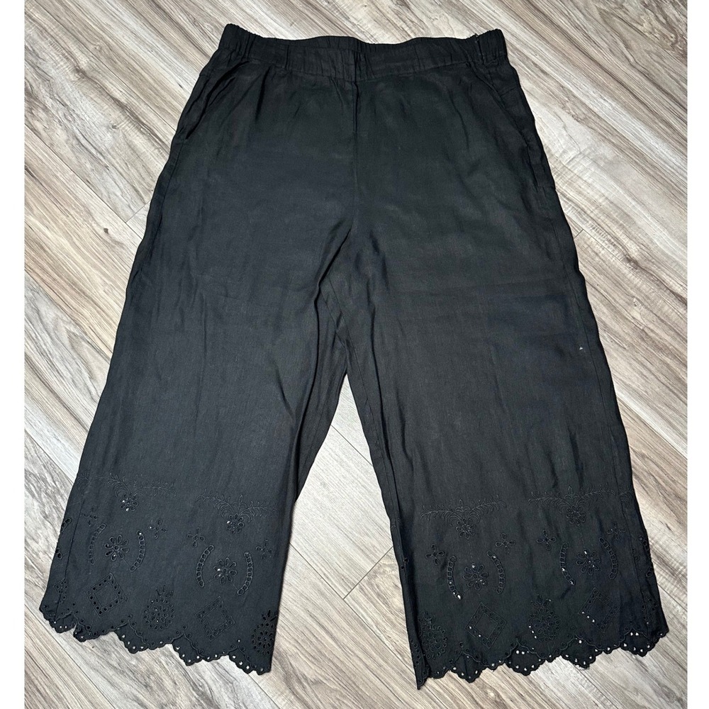 Zara Black Linen Blend Wide Leg Eyelet Embroidered Hem Culottes Pants Size XXL